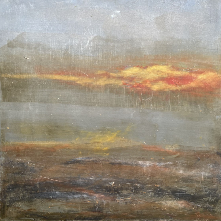 oil paintings for sale UK sunset landscape abstract with orange glow browns and grey clouds