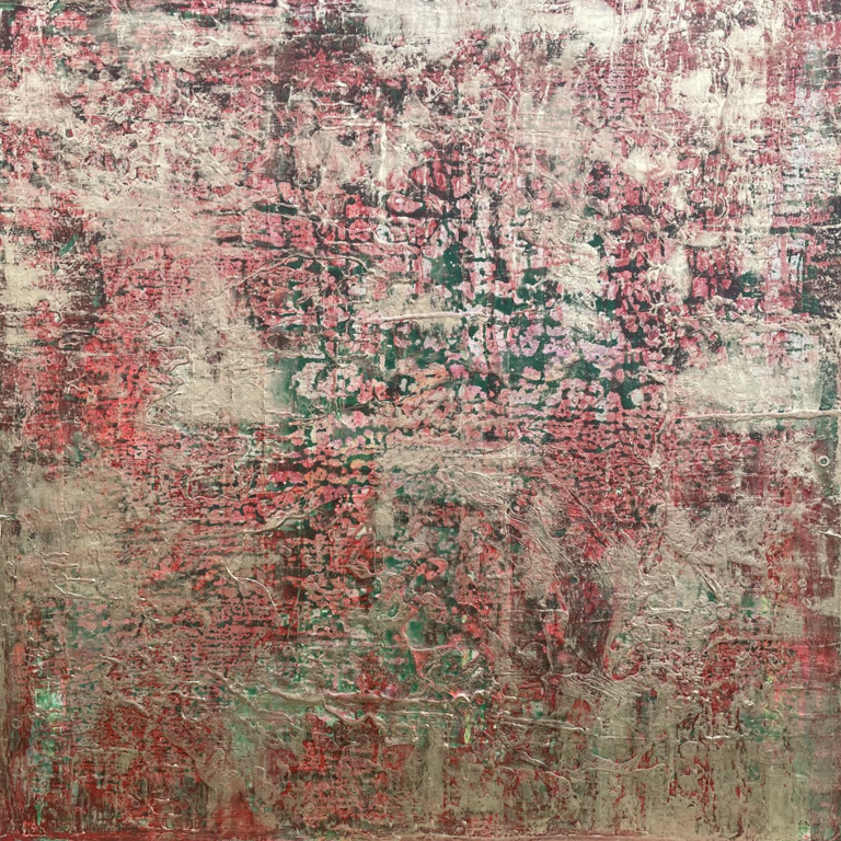 Grunge large square piece of art reds and golds art for sale in Oxford