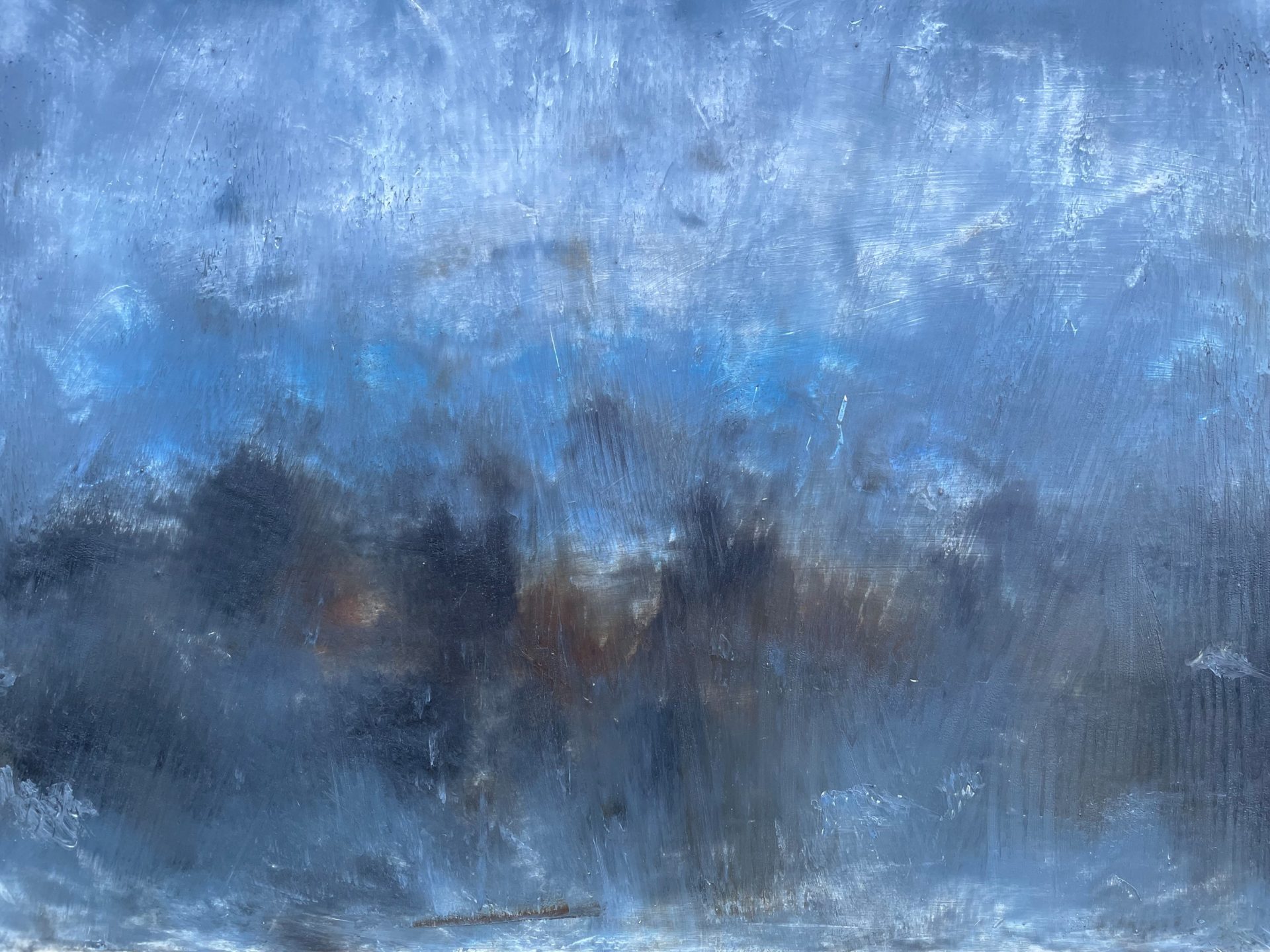 Oil painting for sale in the UK with delivery blues and blacks abstract atmospheric landscape