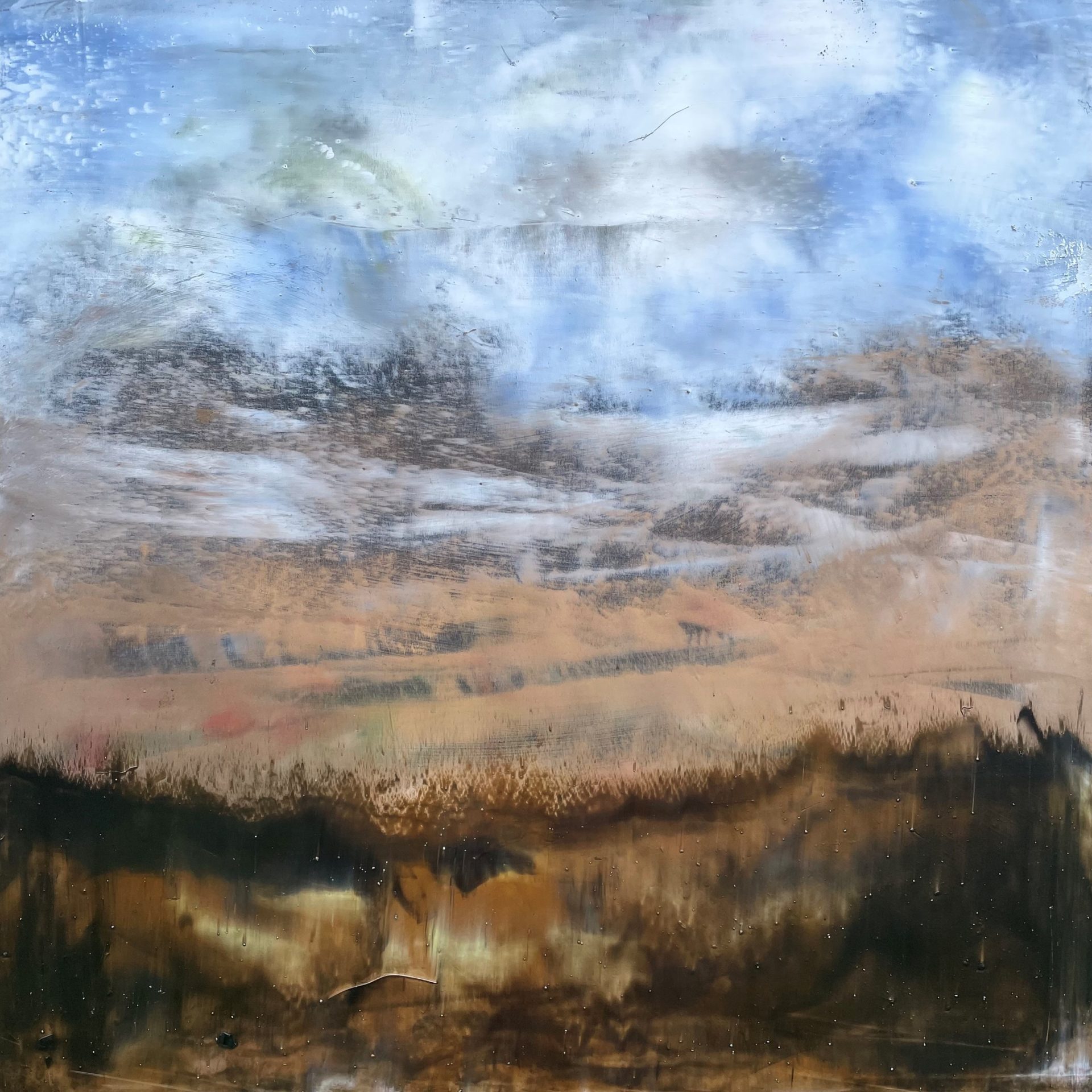 abstract oil painting landscape browns and blue sky for sale UK