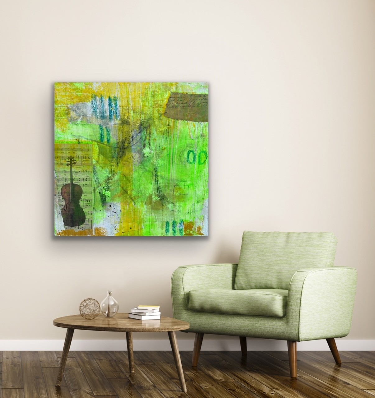 Vibrant abstract art for sale UK green yellows and natural colours square canvas