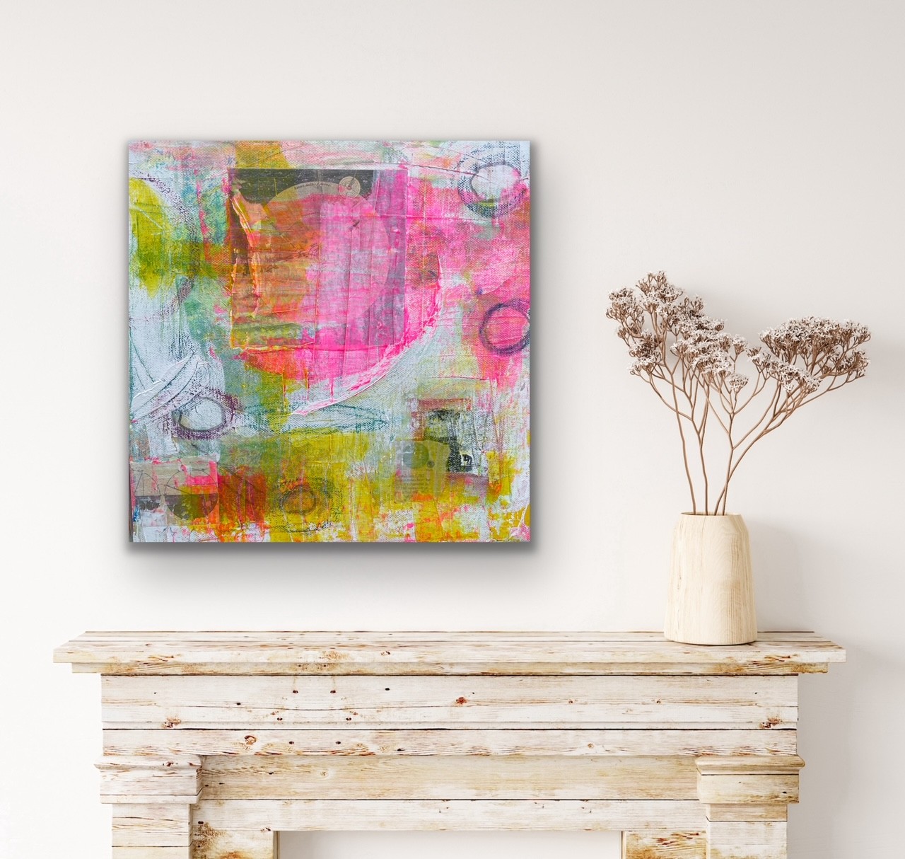 Bright colourful abstract art for sale in the UK PINK GREENS WHITE AND BLACK