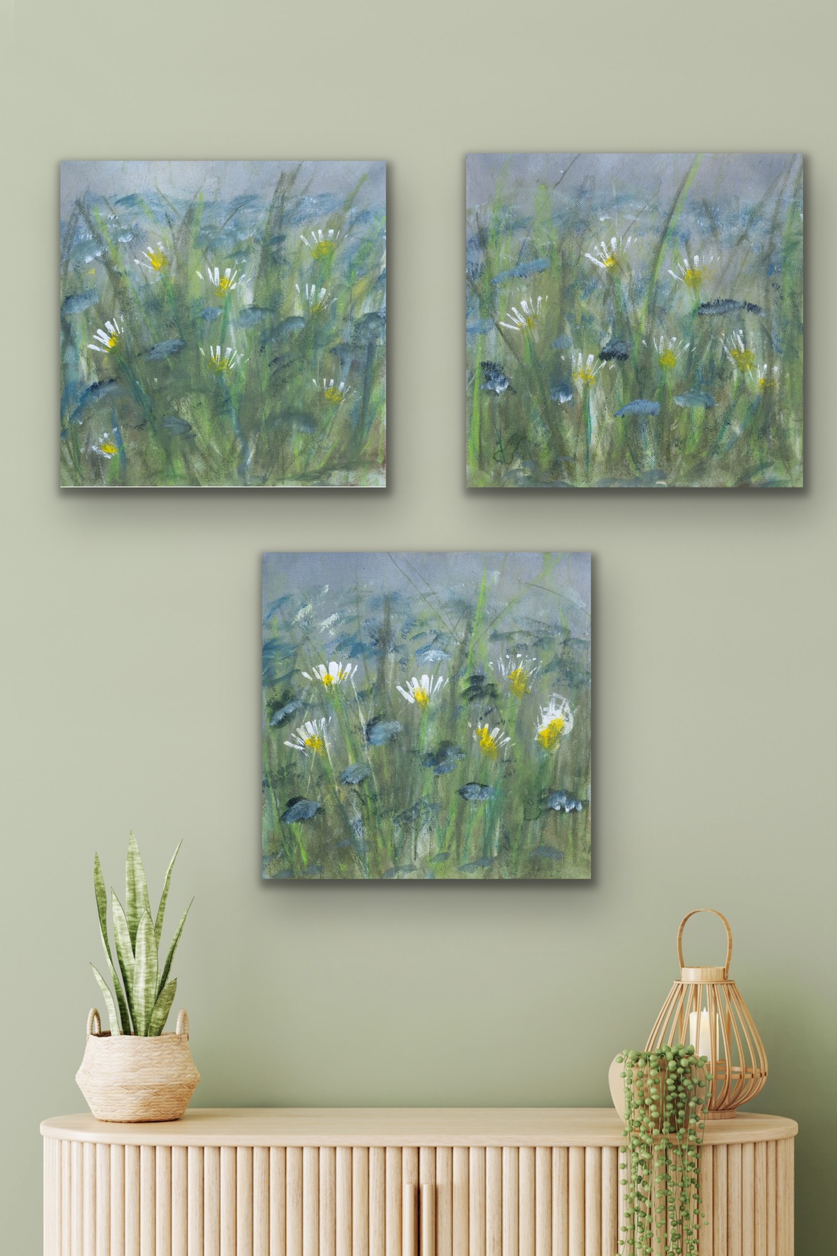 abstract painting of a painting like a monet contemporary blue white and yellow flowers UK artist
